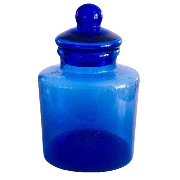 The Unbranded Brand Other - Mid Century Apothecary Jar Canister with Lid Blue Bubble Glass Hand Blown‎ 10"